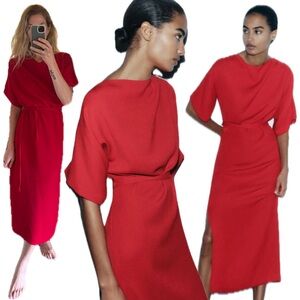 Zara Bright Red Midi Belted Side Zip Slit Short Sleeve Minimalist Slouch Dress